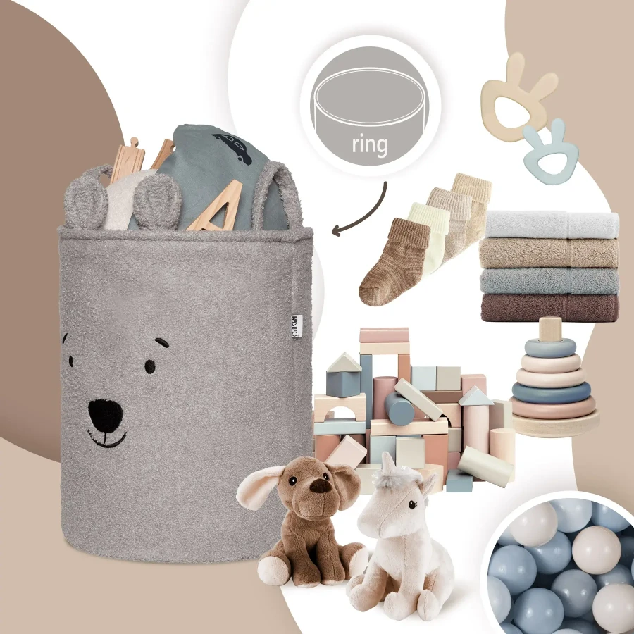 Zamykany kosz na ściągacz do przechowywania zabawek, BOUNCLE PREMIUM - Szary Miś / SIPO