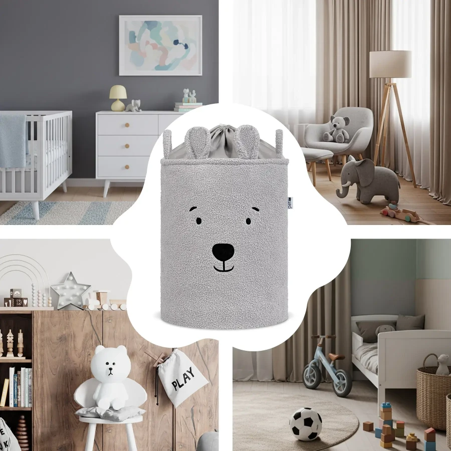 Zamykany kosz na ściągacz do przechowywania zabawek, BOUNCLE PREMIUM - Szary Miś / SIPO