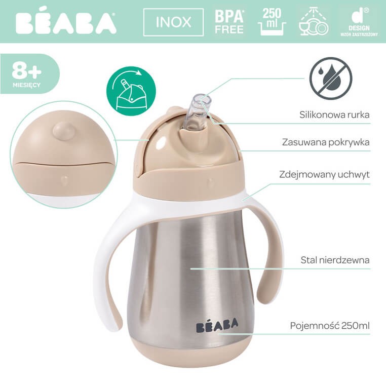 Butelka - kubek niekapek stalowa ze słomką 250 ml - Clay Earth / Beaba