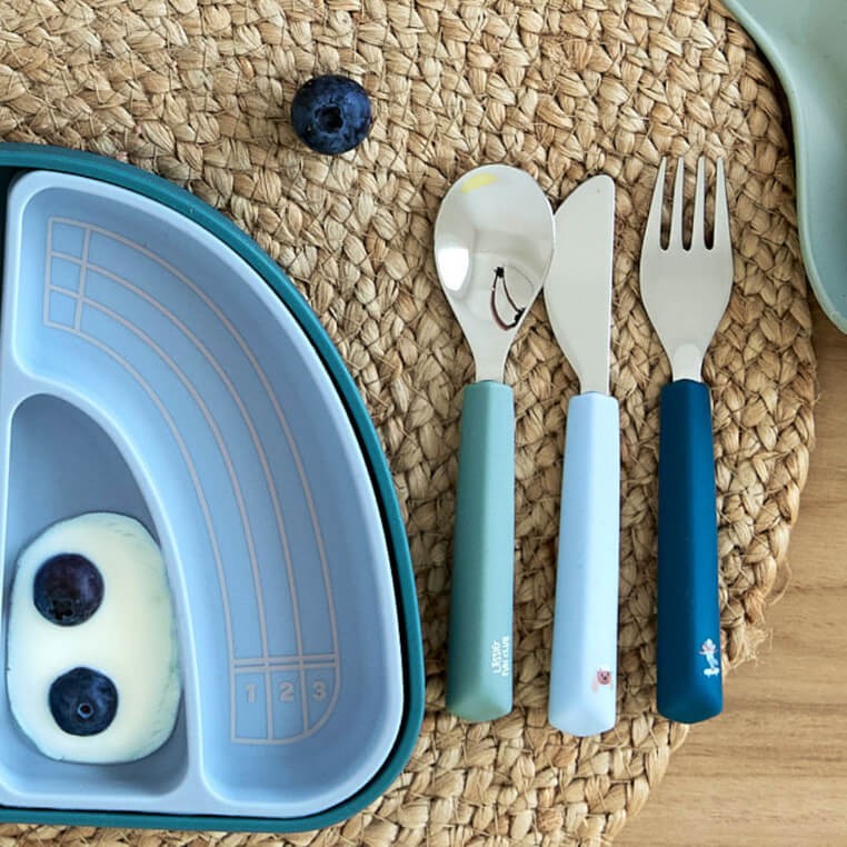 Zestaw sztućców ze stali nierdzewnej z silikonową rączką 3 el. Tiny Team Piesek / Lassig