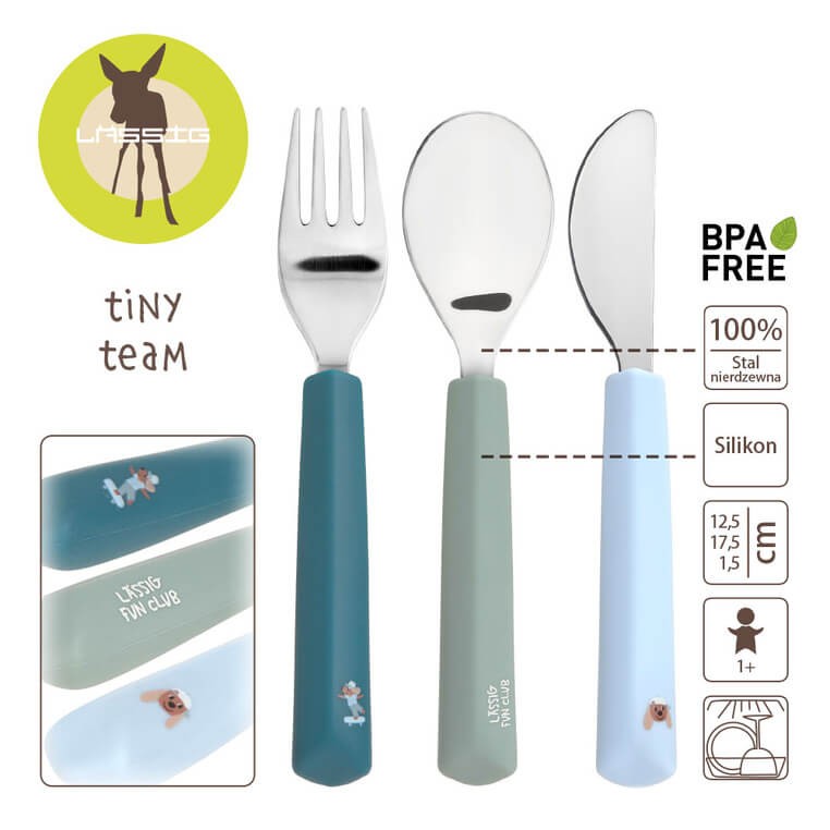Zestaw sztućców ze stali nierdzewnej z silikonową rączką 3 el. Tiny Team Piesek / Lassig