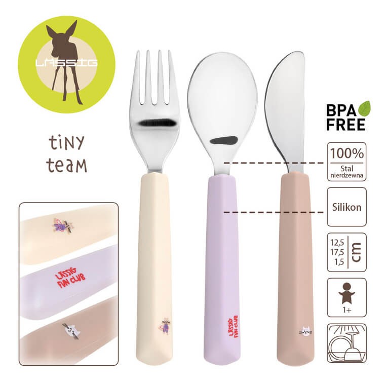 Zestaw sztućców ze stali nierdzewnej z silikonową rączką 3 el. Tiny Team Kotek / Lassig