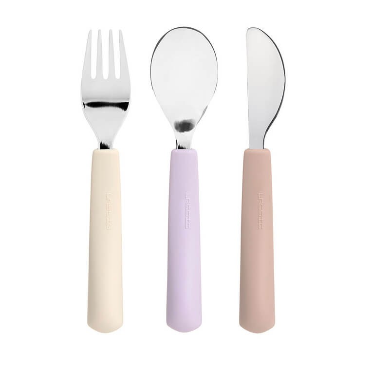 Zestaw sztućców ze stali nierdzewnej z silikonową rączką 3 el. Tiny Team Kotek / Lassig