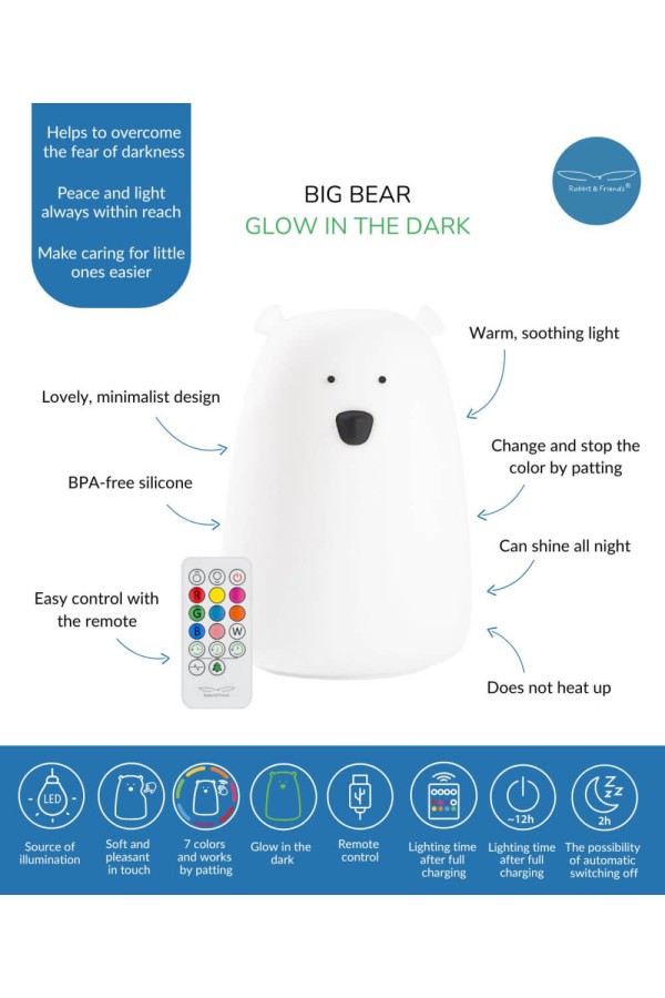 Duża lampka silikonowa z pilotem - Miś świecący w ciemności / Rabbit & Friends