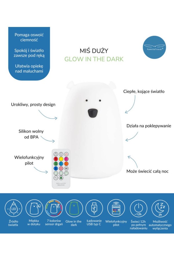 Duża lampka silikonowa z pilotem - Miś świecący w ciemności / Rabbit & Friends