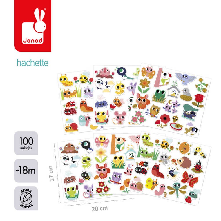 Duże naklejki na arkuszach 100 szt. Zwierzęta w ogrodzie / Janod