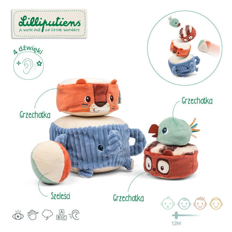 Piramida dźwiękowa, sensoryczne klocki z grzechotkami Zwierzątka 12m+ / Lilliputiens