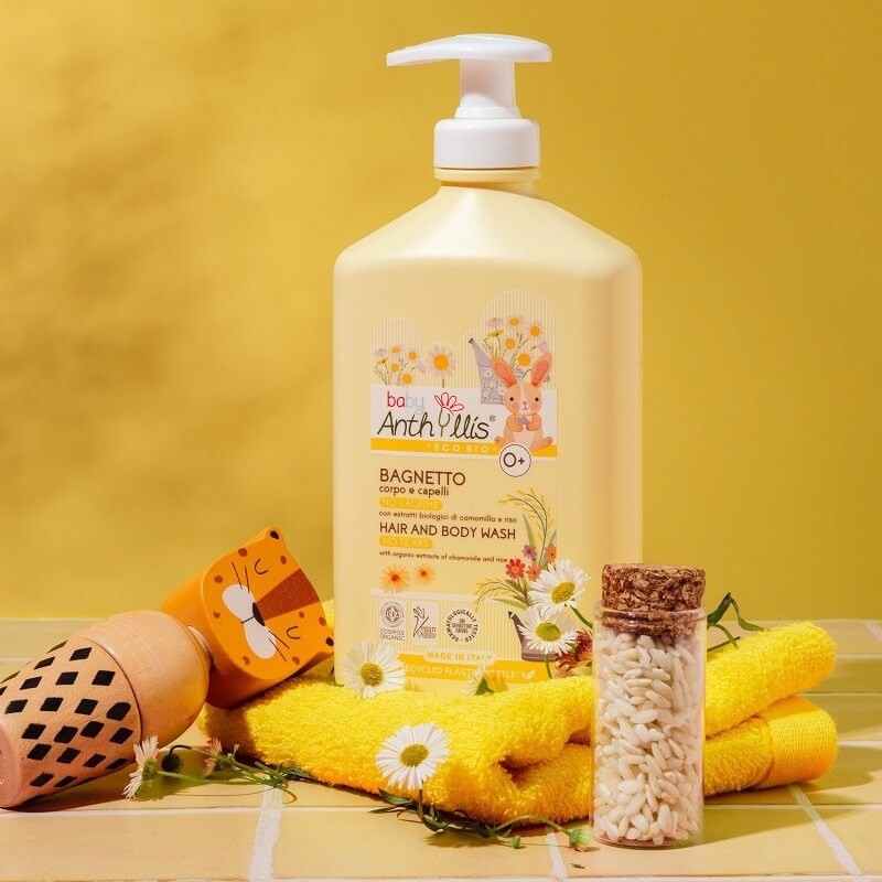 Delikatny bio płyn do kąpieli i szampon 2w1, BEZ ŁEZ, z organicznym rumiankiem i proteinami ryżu, 500 ml / Baby Anthyllis