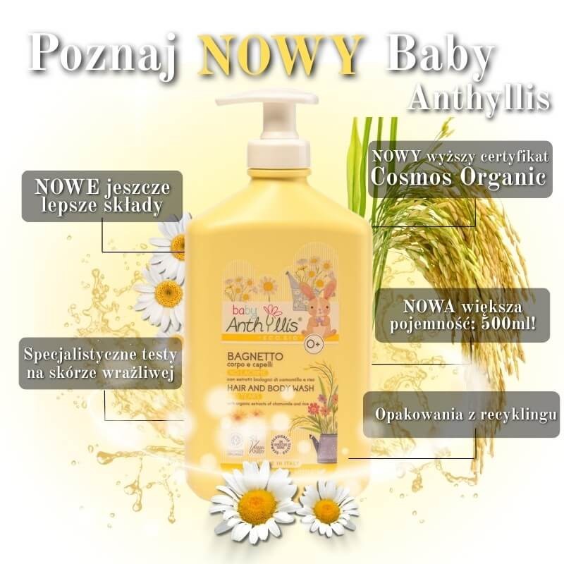 Delikatny bio płyn do kąpieli i szampon 2w1, BEZ ŁEZ, z organicznym rumiankiem i proteinami ryżu, 500 ml / Baby Anthyllis