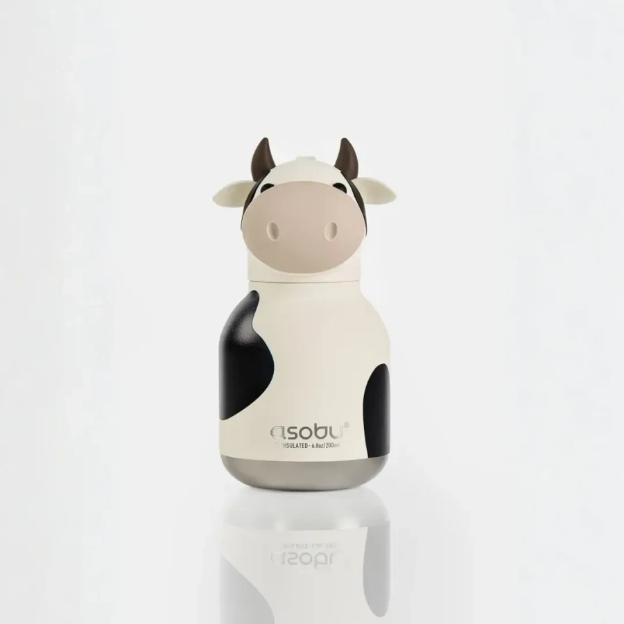Butelka termiczna ze słomką Mini Bestie, 200 ml - Krowa / Asobu
