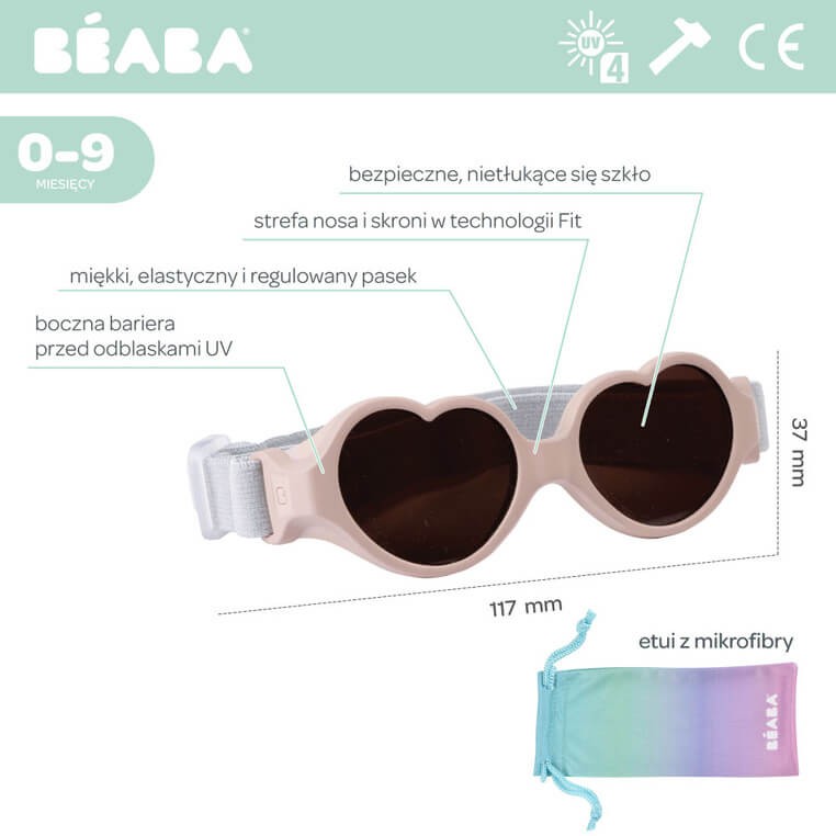 Okulary przeciwsłoneczne dla dzieci z elastyczną opaską 0-9 miesięcy Baby heart - Cotton candy / Beaba