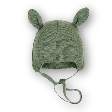 Wiązana czapka z uszkami 100% merino - OLIVE / Patulove