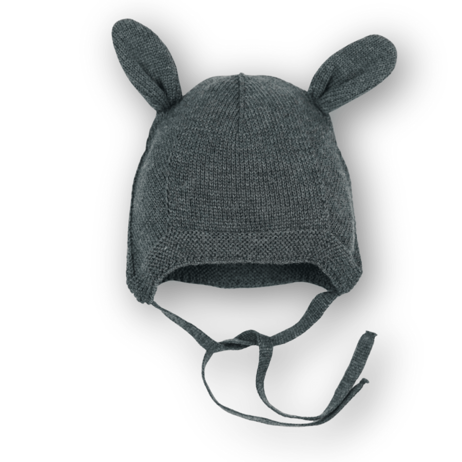 Wiązana czapka z uszkami 100% merino - GRAPHITE / Patulove