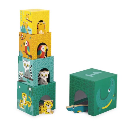 Piramida wieża 5 kostek z drewnianymi figurkami Tropik 12m+ / Janod