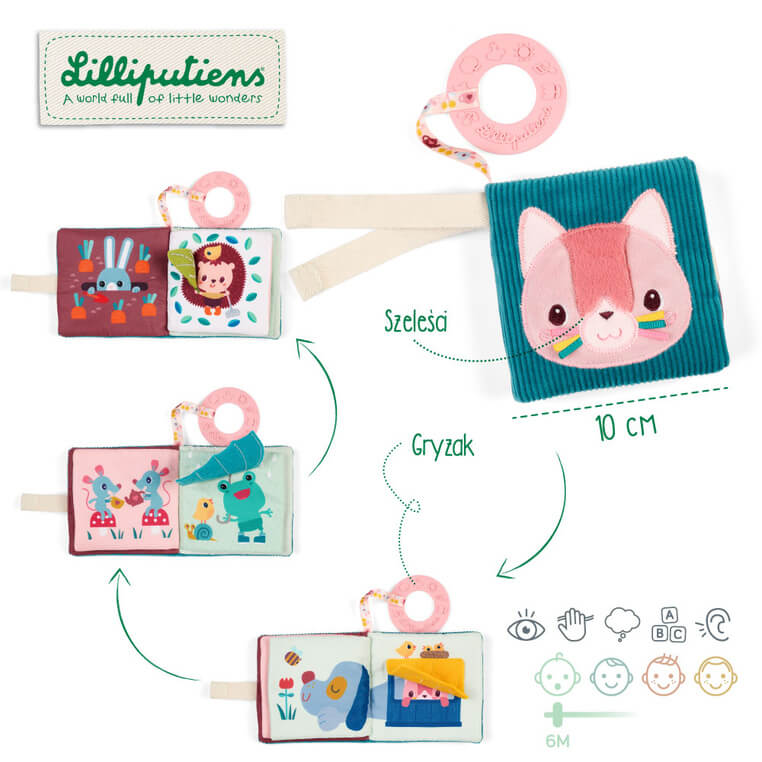 Mini książeczka wielofunkcyjna z szeleszczącą folią i gryzakiem Kotka Jeanne 6m+ / Lilliputiens