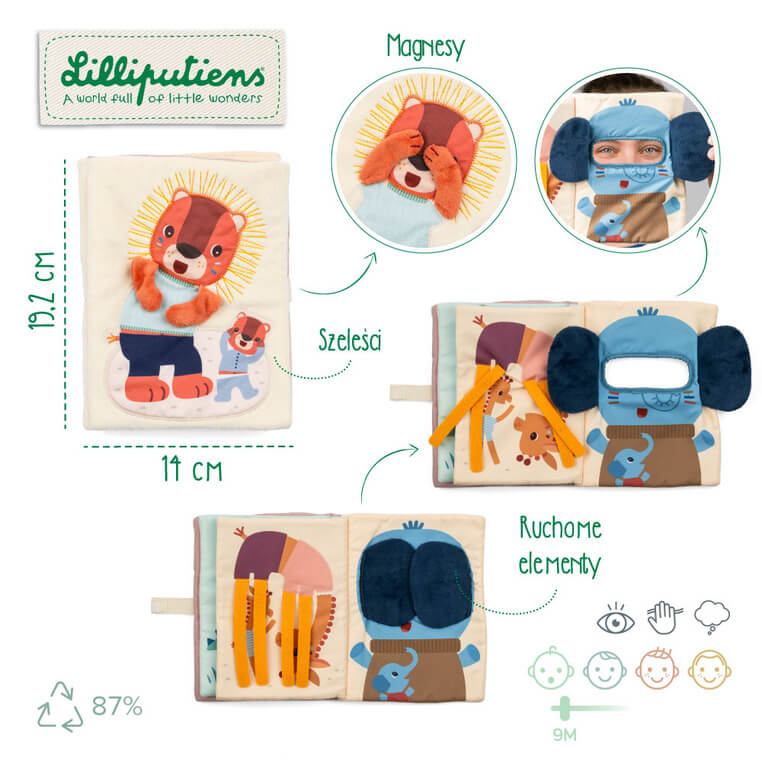 Książeczka sensoryczna aktywizująca "A kuku" Lew Jack 9m+ / Lilliputiens