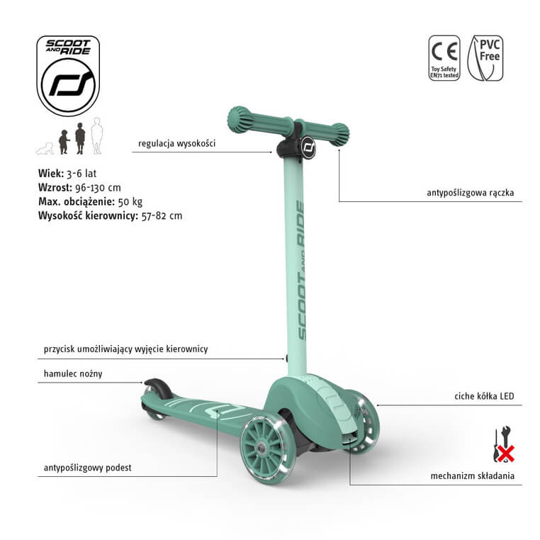 Highwaykick 3S Hulajnoga z systemem sterowania 2w1 i kółkami LED składana 3+ Forest / Scootandride