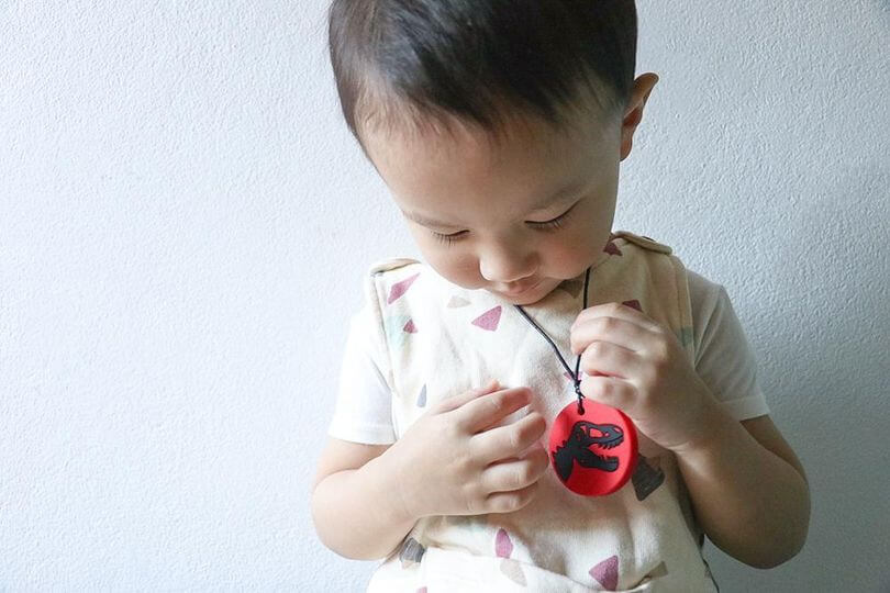 Gryzak terapeutyczny, antystresowy naszyjnik - Dinozaur czerwony / Jellystone