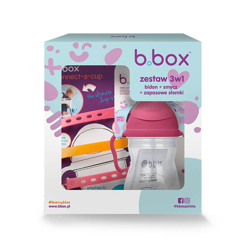 Zestaw na start 3w1, bidon 240ml Malinowy, smycz Strawberry Shake, zapasowe słomki / b.box