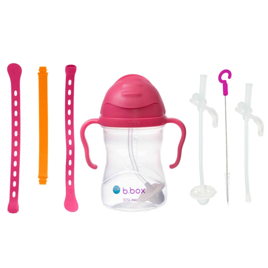 Zestaw na start 3w1, bidon 240ml Malinowy, smycz Strawberry Shake, zapasowe słomki / b.box