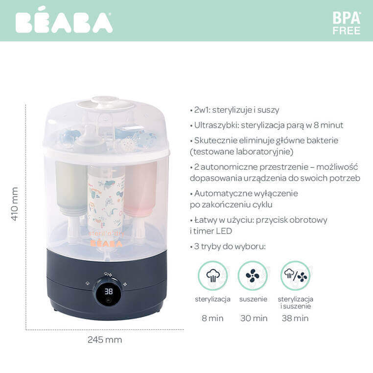 USZKODZONE OPAKOWANIE: Sterylizator parowy z suszarką 2w1 Steril 'n' dry Night blue / Beaba