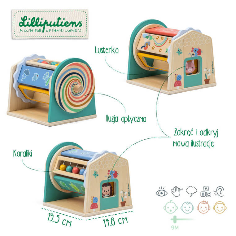 Zabawka aktywizująca wielofunkcyjna obrotowy walec spinner z lusterkiem Turnicolor 9m+ / Lilliputiens