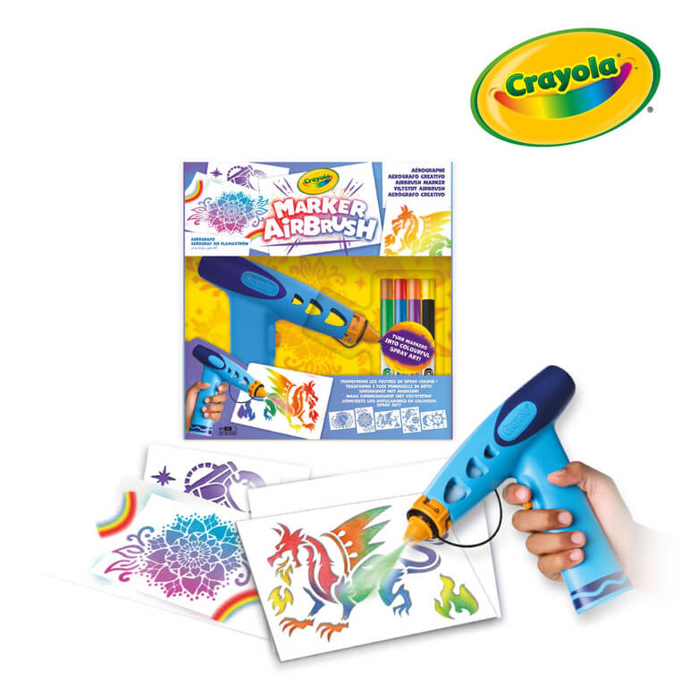 Aerograf dla dzieci airbrush, 5 szablonów i 8 zmywalnych flamastrów 6+ / Crayola