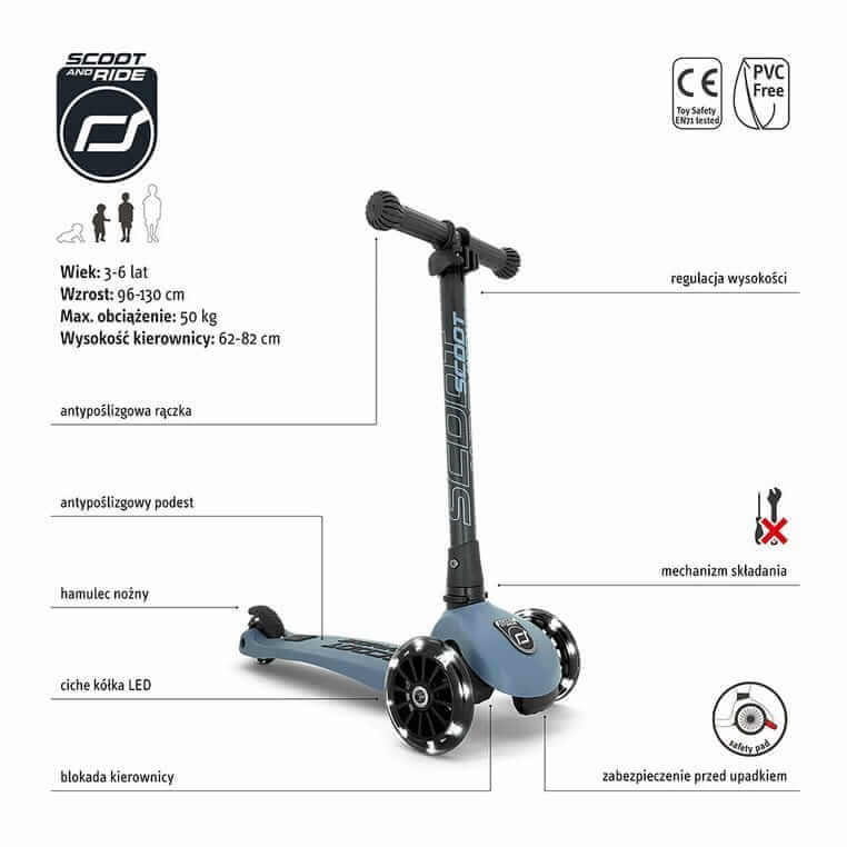 USZKODZONE OPAKOWANIE: Highwaykick 3 LED Hulajnoga składana ze świecącymi kółkami 3+ Steel / Scootandride