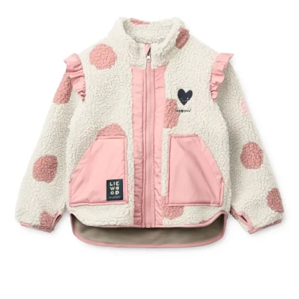 Polarowa kurtka Noam z falbanką - Spot dot Sandy, Rose blush mix / Liewood