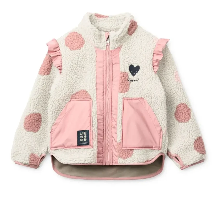 Polarowa kurtka Noam z falbanką - Spot dot Sandy, Rose blush mix / Liewood