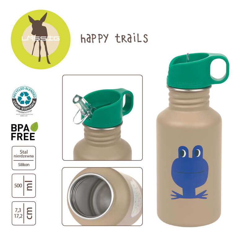 Bidon ze stali nierdzewnej z ustnikiem i uchwytem, 500 ml Happy Trails Frog / Lassig