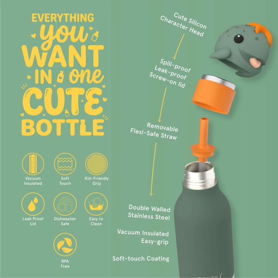 Butelka termiczna ze słomką Bestie, 460 ml - Żółw / Asobu