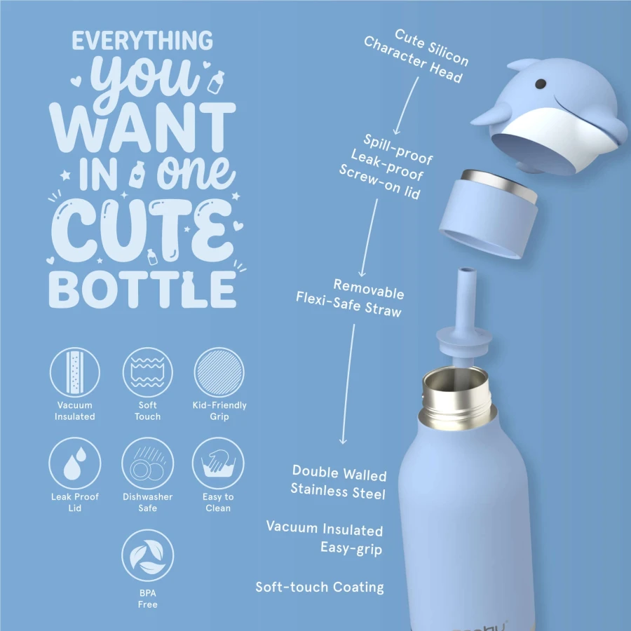 Butelka termiczna ze słomką Bestie, 460 ml - Delfin / Asobu