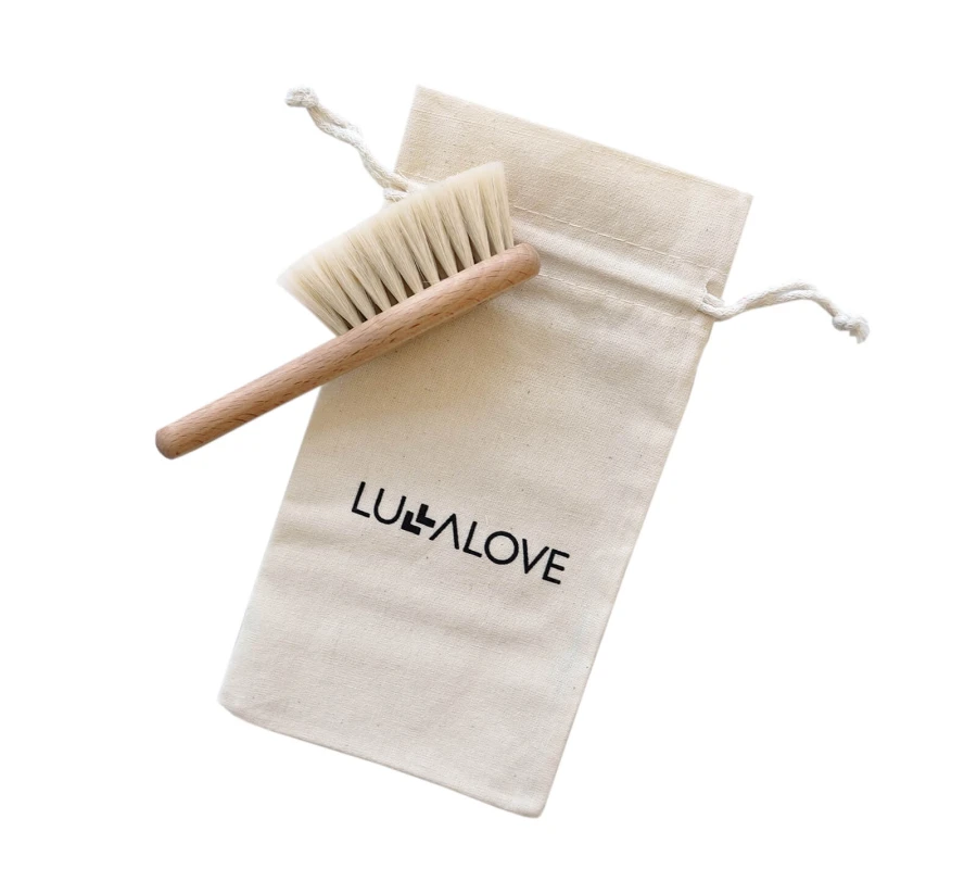 Miękka szczotka z koziego włosia z myjką muślinową - konie / Lullalove