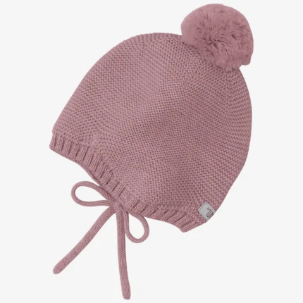 Czapka bonetka z pomponem 100% wełny merino - Woodrose / HUTTEliHUT