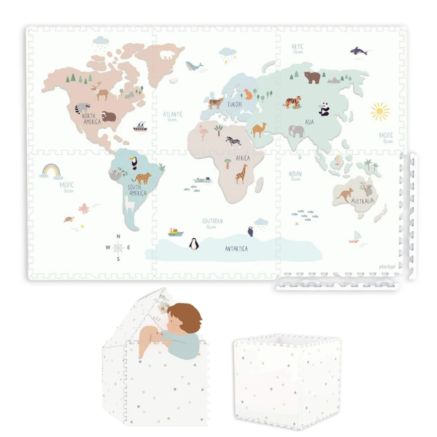 Dwustronna Mata Piankowa TILOO 3w1, 120x180cm - Worldmap / Play&Go