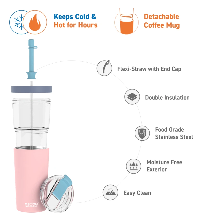Kubek termiczny ze słomką Marina - pastel pink, 850 ml / Asobu