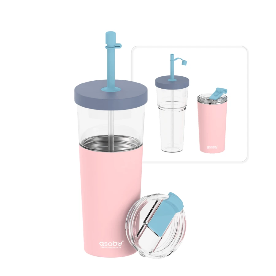 Kubek termiczny ze słomką Marina - pastel pink, 850 ml / Asobu