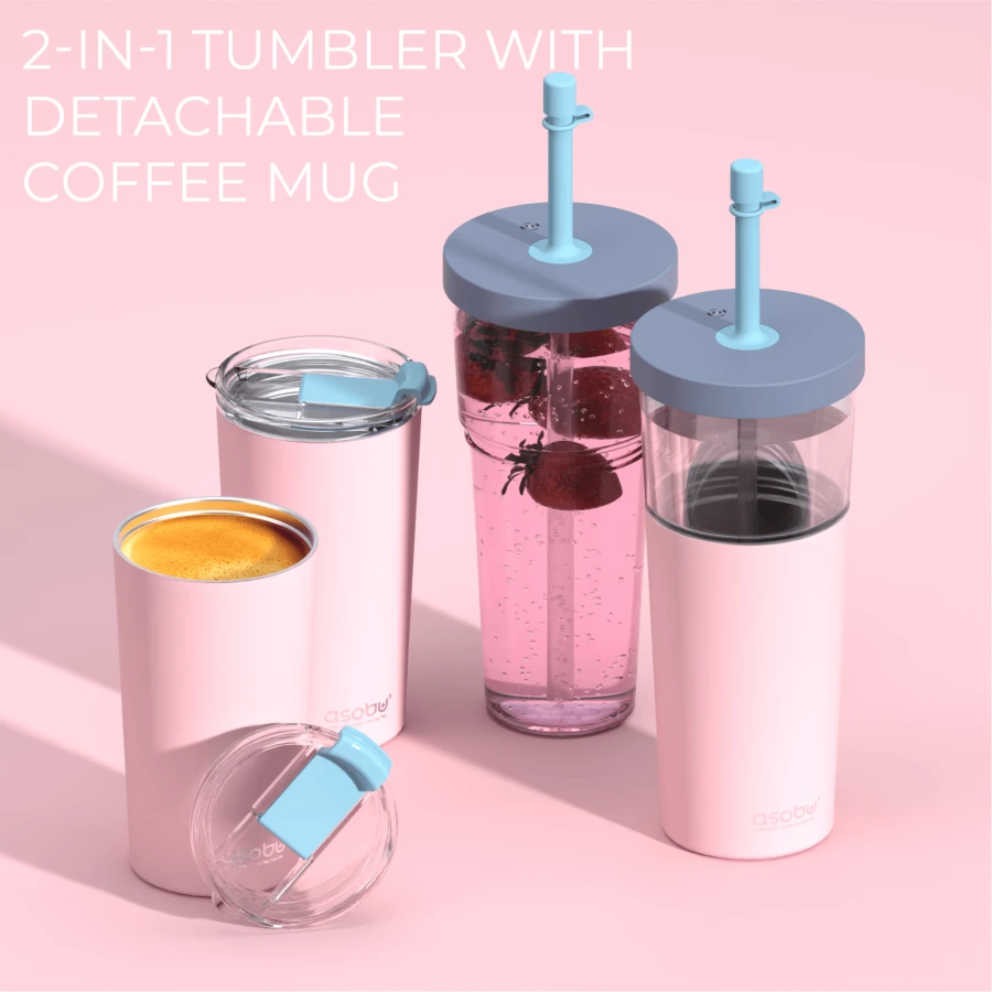 Kubek termiczny ze słomką Marina - pastel pink, 850 ml / Asobu