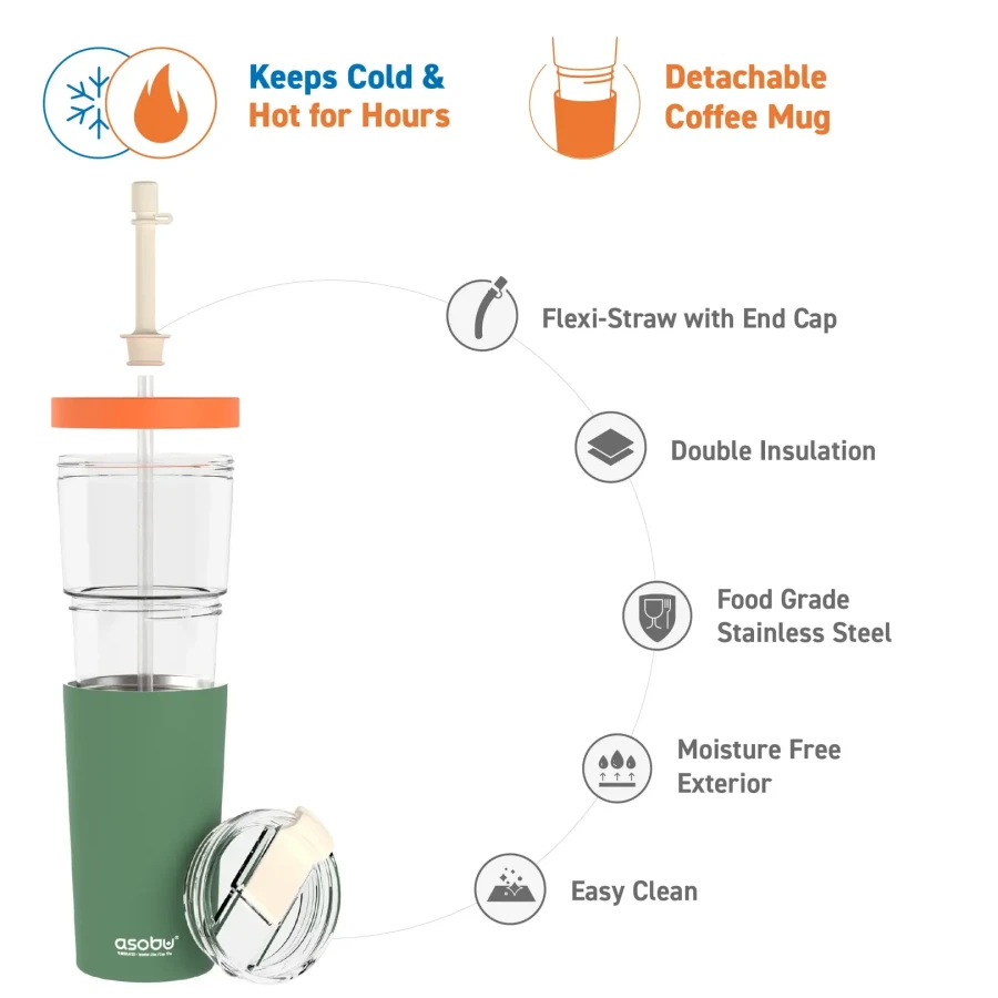 Kubek termiczny ze słomką Marina - pastel green, 850 ml / Asobu