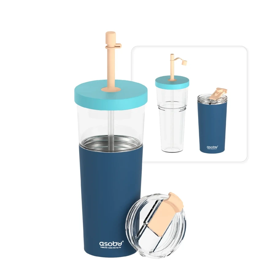 Kubek termiczny ze słomką Marina - pastel blue, 850 ml / Asobu