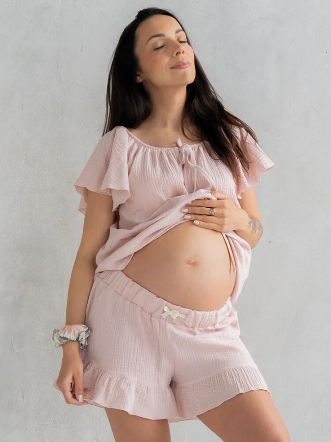 Piżama ciążowa muślinowa BLOOM - różowa / Latte Mama