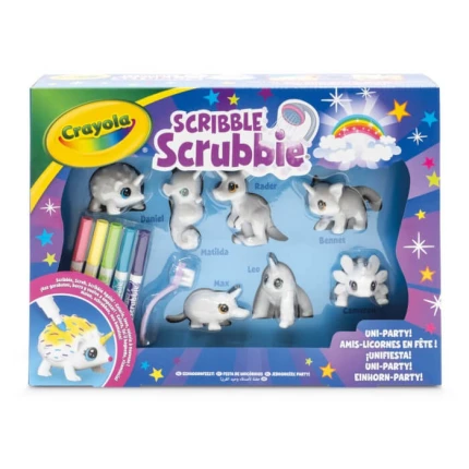 Figurki do malowania i mycia - zestaw zwierzątka 7 szt., flamastry zmywalne 5 szt., szczoteczka Scribble Scrubbie Unipets 3+ / Crayola