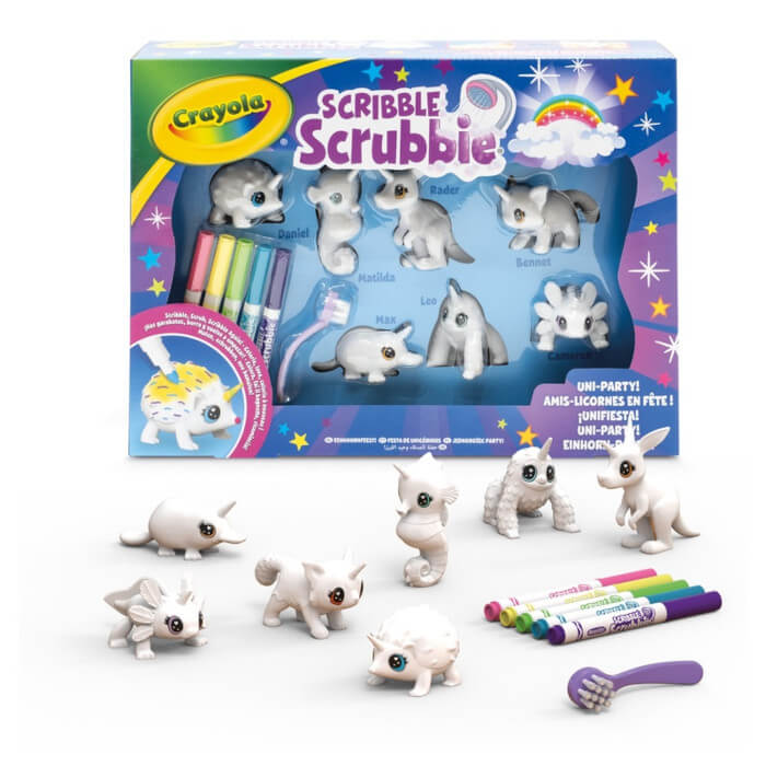 Figurki do malowania i mycia - zestaw zwierzątka 7 szt., flamastry zmywalne 5 szt., szczoteczka Scribble Scrubbie Unipets 3+ / Crayola