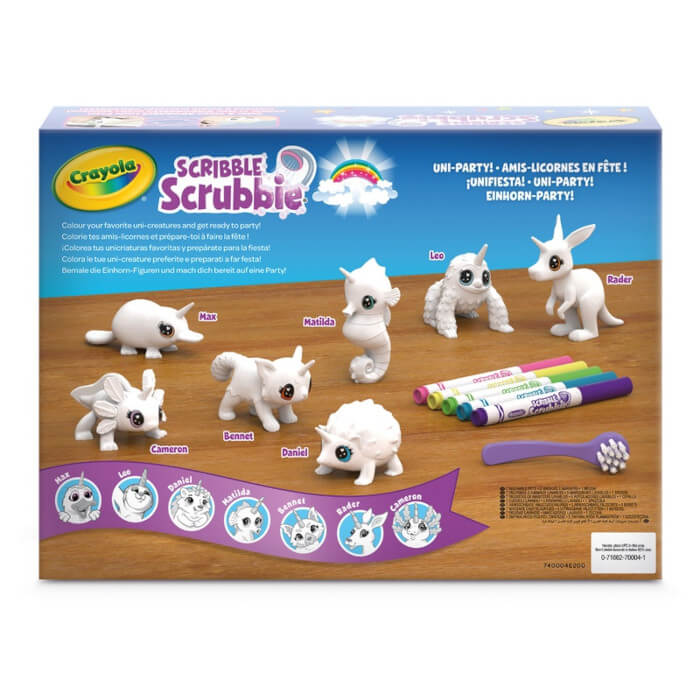 Figurki do malowania i mycia - zestaw zwierzątka 7 szt., flamastry zmywalne 5 szt., szczoteczka Scribble Scrubbie Unipets 3+ / Crayola