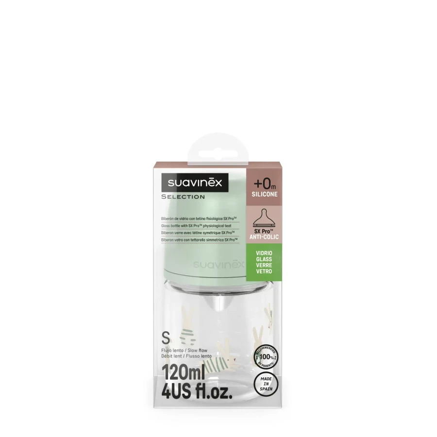 Butelka szklana SX Pro 120 ml, przepływ wolny - króliczek zielony / Suavinex