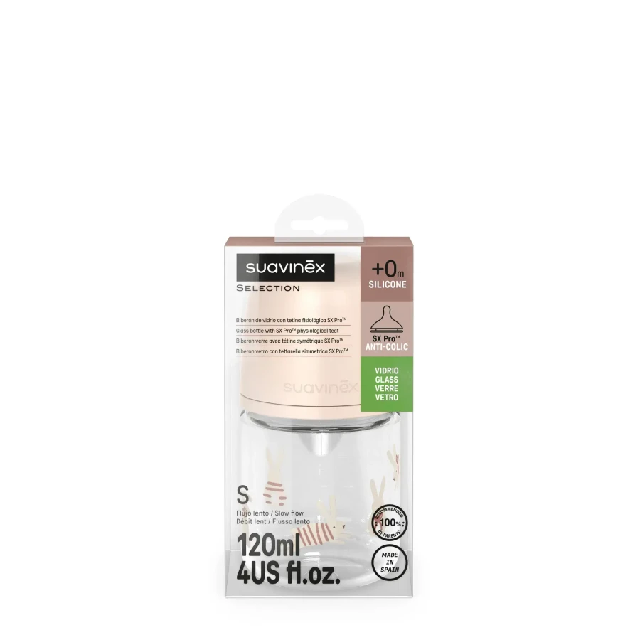 Butelka szklana SX Pro 120 ml, przepływ wolny - króliczek różowy / Suavinex