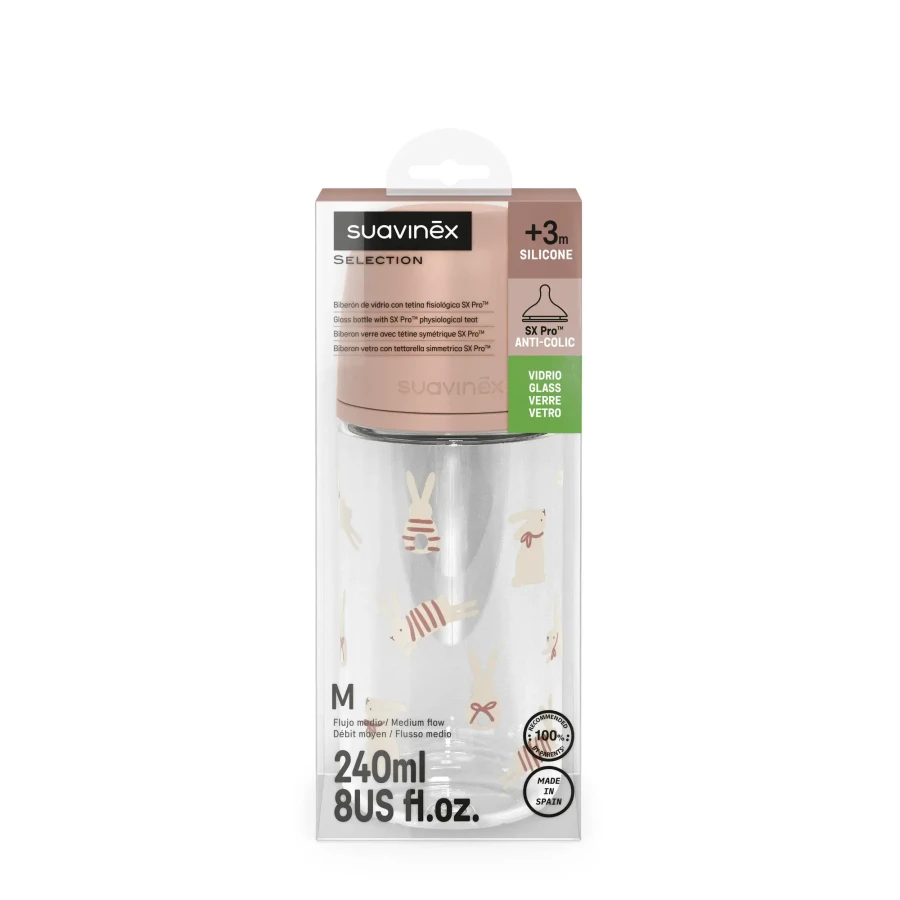 Butelka szklana SX Pro 240 ml, przepływ średni - króliczek różowy / Suavinex