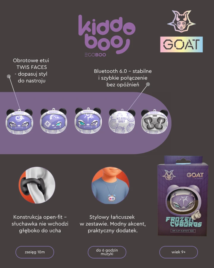 GOAT Earbuds Frozen Cyborgs słuchawki bezprzewodowe z etui i wisiorkiem / Kiddoboo