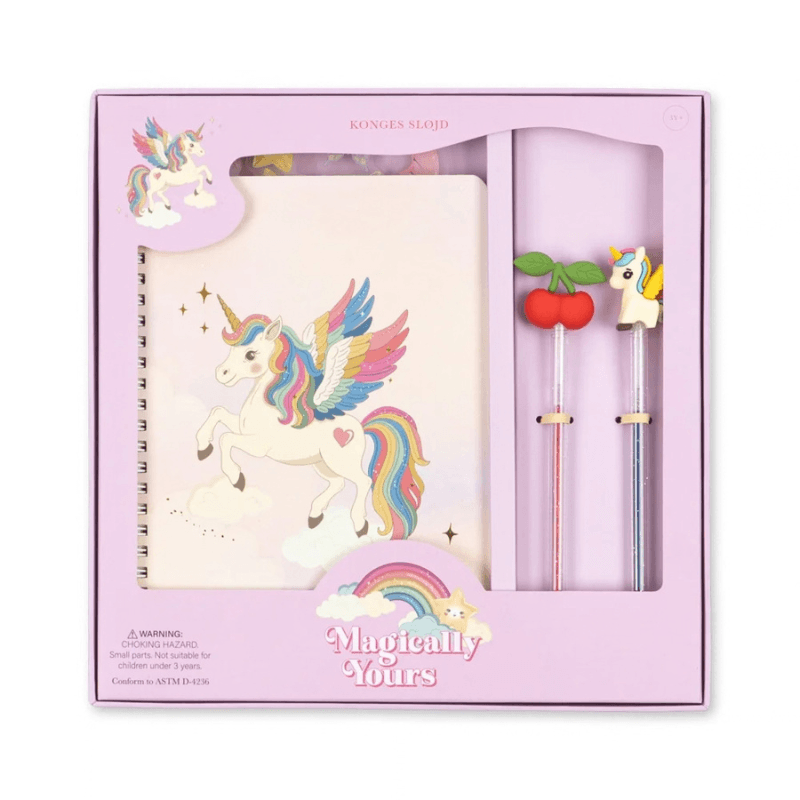 Kreatywny zestaw papierniczy, notes, naklejki i brokatowe długopisy - unicorn / Konges Slojd